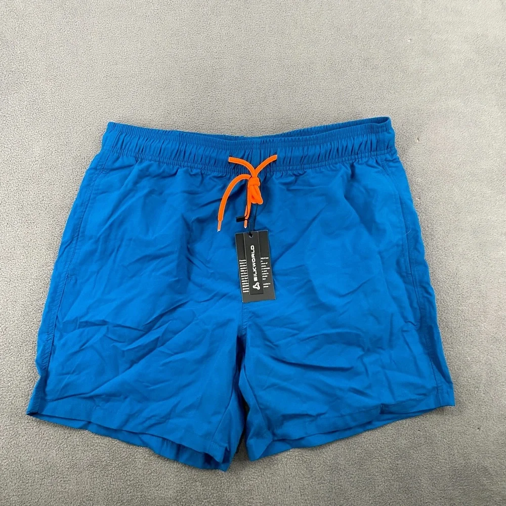 Silkworld Swim Trunks Shorts Mens Medium Blue Mesh Lined Drawstring Waist Beach
